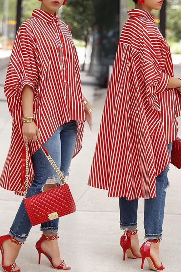 Lovely Casual Striped Asymmetrical Red Blending Blouses