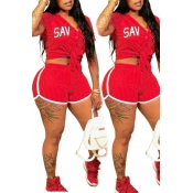 LovelyCasual V Neck Letter+Striped Printed Red Qmi