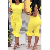LovelyPretty Round Neck Flounce Yellow One-piece R