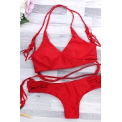 Lovely Lace-up Red Two-piece Swimwears