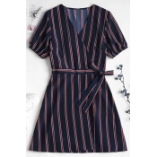Lovely Trendy V Neck Striped Navy Blue Mini Dress
