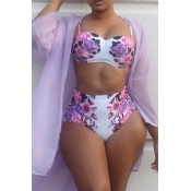 Lovely Sexy Printed White Two-piece Swimwear (With