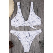 Lovely Printed Lace-up Blue Two-piece Swimwear