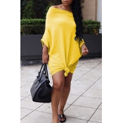 Lovely Casual Dew Shoulder Yellow Mid Calf Dress
