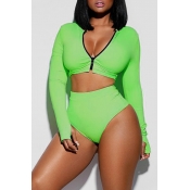 LovelyChic V Neck Zipper Green Two-piece Swimwears