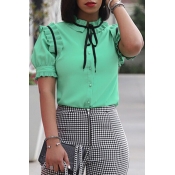 Lovely Trendy Short Sleeves Falbala Green Blouse