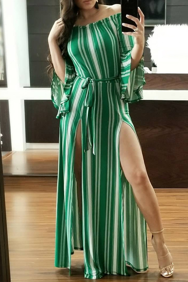 Lovely Euramerican Bateau Neck Striped Green Ankle Length Dress
