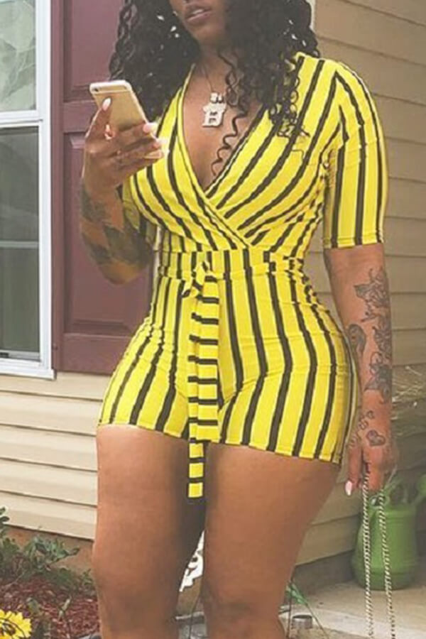 LW Casual Striped Yellow Twilled Satin One-piece Romper