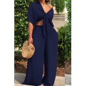 LW Casual Deep V Neck Loose Dark Blue Two-piece Pa