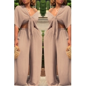 Lovely Casual Deep V Neck Loose Apricot Two-piece 
