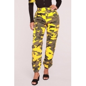 Lovely Casual High Waist Camouflage Printed Yellow