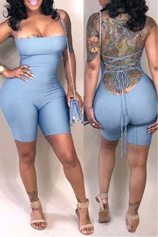 Lovely Casual Backless Skinny Baby Blue Blending One-piece Romper