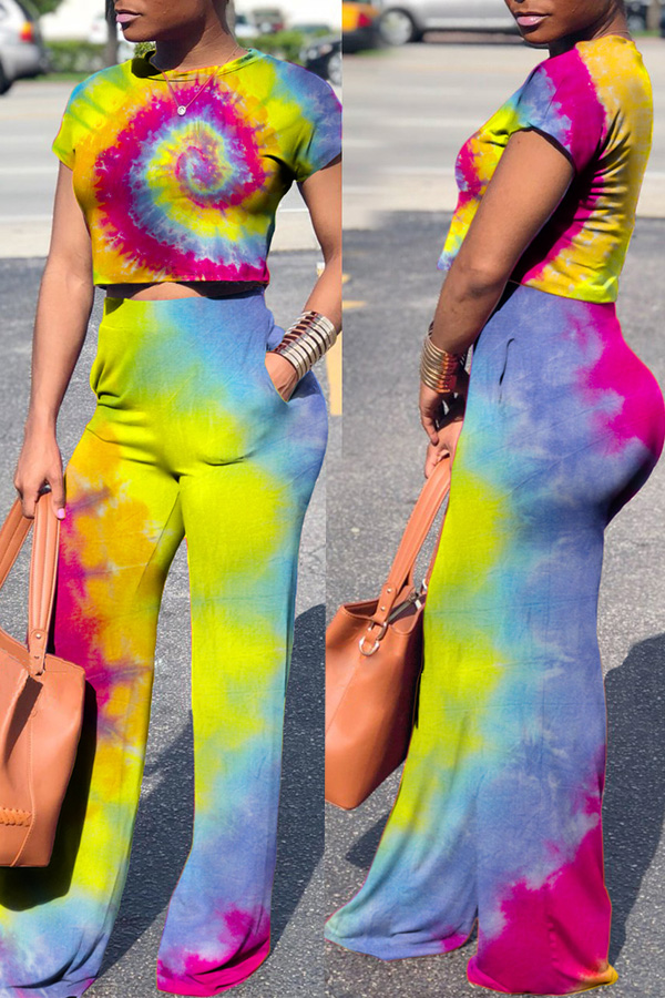 Lovely Casual Color Block Printed Yellow Two-piece Pants Set