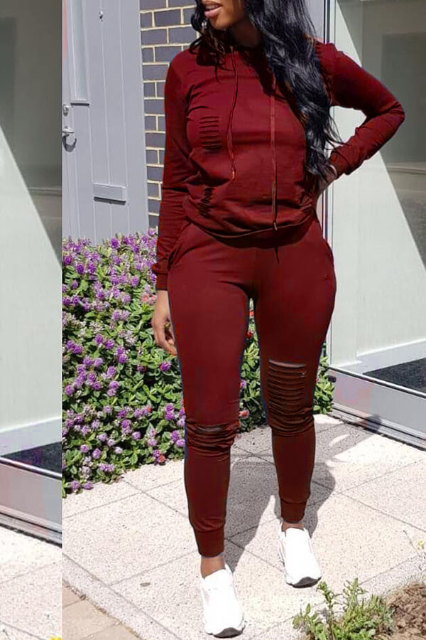 Lovely Casual Hooded Collar Broken Holes Wine Red Two-piece Pants Set