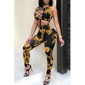 Lovely Sexy Hollowed-out Printed Black Qmilch Two-