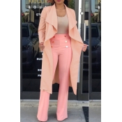 Lovely Casual Turndown Collar Long Pink Trench Coa