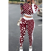 Lovely Casual  Star Printed Wine Red Two-piece Pan