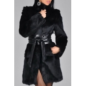 Lovely Casual Lace-up Long Black Faux Fur Coat