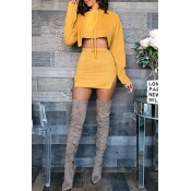 Lovely Casual Hooded Collar Slit Yellow Two-piece 
