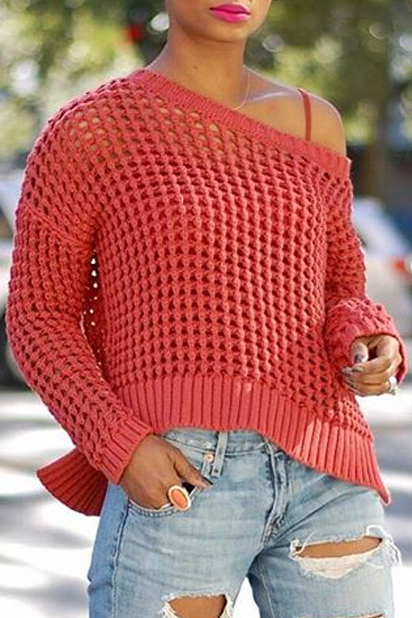 Lovely Casual Dew Shoulder Hollowed-out Bright Red Sweaters