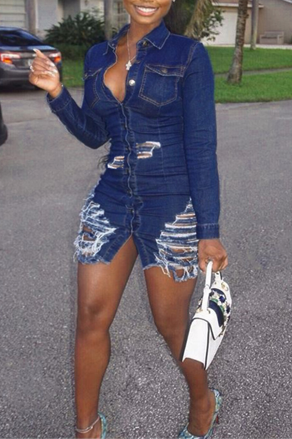 Lovely Euramerican Broken Holes Deep Blue Denim Mini Dress