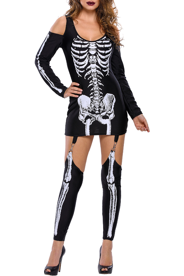 Lovely Euramerican Skull-head Printed Skinny Black Cosplay Costumes