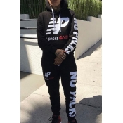 Lovely Casual Hooded Collar Letters Printed Black 