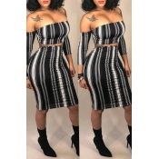 Lovely Vogue Dew Shoulder Striped Black Blending T