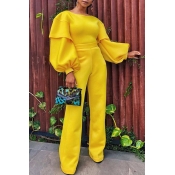 Lovely Vogue Puffed Sleeves Loose Yellow One-piece