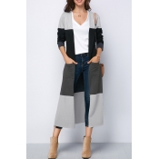 Lovely Casual Color-lump Patchwork Long Grey Coat