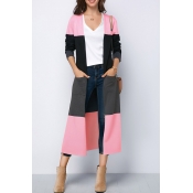 Lovely Casual Color-lump Patchwork Long Pink Coat