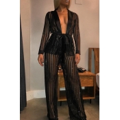 Lovely Sexy Striped See-through Black Knitting Two