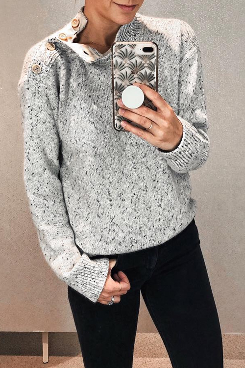 Lovely Casual Shoulder Button On The Opening Grey Sweaters