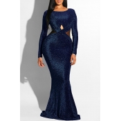 Lovely Sexy Long Sleeves Evening Gown Dark Blue Fl