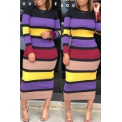 Lovely Casual Striped Slim Purple Mid Calf Dress
