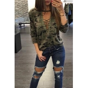 Lovely Casual Camouflage Printed Green Blouses