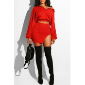 Lovely Trendy Side Slit Red Two-piece Skirt Set