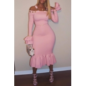 Lovely Euramerican Flare Sleeves Pink Mini Dress