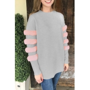 Lovely Sweet Long Sleeves Patchwork Grey Blouses