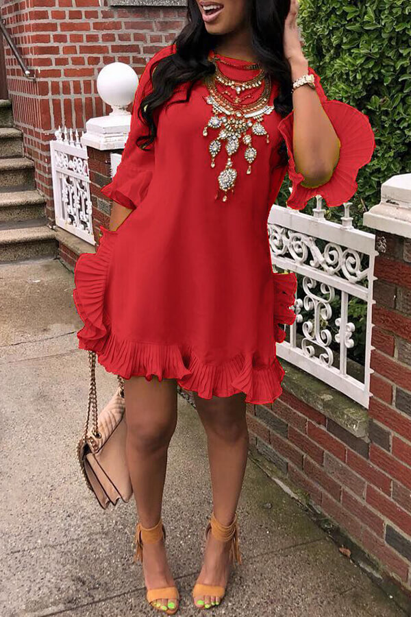 LW Sweet Ruffle Design Red Blending Mini Dress