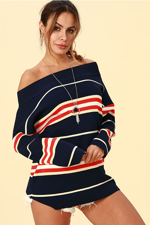 Lovely Trendy Dew Shoulder Deep Blue Acrylic Sweaters
