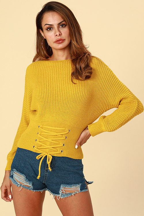 Lovely Trendy Lace-up Yellow Sweaters