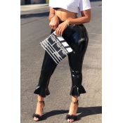 Lovely Fashionable Mid Waist Black PU Bell Bottoms
