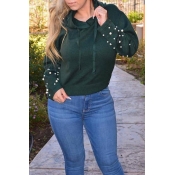 Lovely Casual Beading Decorative Green Hoodies