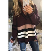 Lovely Striped Wine Red Sweaters=