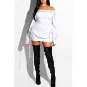 Lovely Casual Long Sleeves Lace-Up White Mini Dres