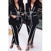 Lovely Fashionable Striped Black Two-piece Pants S