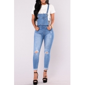 Lovely Casual Broken Holes Light Blue Denim One-pi
