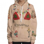 Lovely Casual Long Sleeves Printed Khaki Hoodies