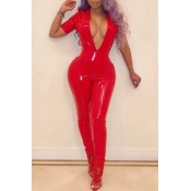 Lovely Sexy Deep V Red PU One-piece Jumpsuit